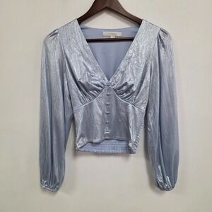 Flat White Anthropologie Coquette Babydoll Top XXS NYE Shiny Blue Showgirl Glam
